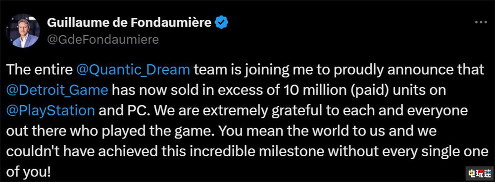 《底特律：變人》銷量達到1000萬份里程碑 今年又賣了100萬份 Quantic Dream 游戲銷量 冒險游戲 底特律：變人 電玩迷資訊  第2張